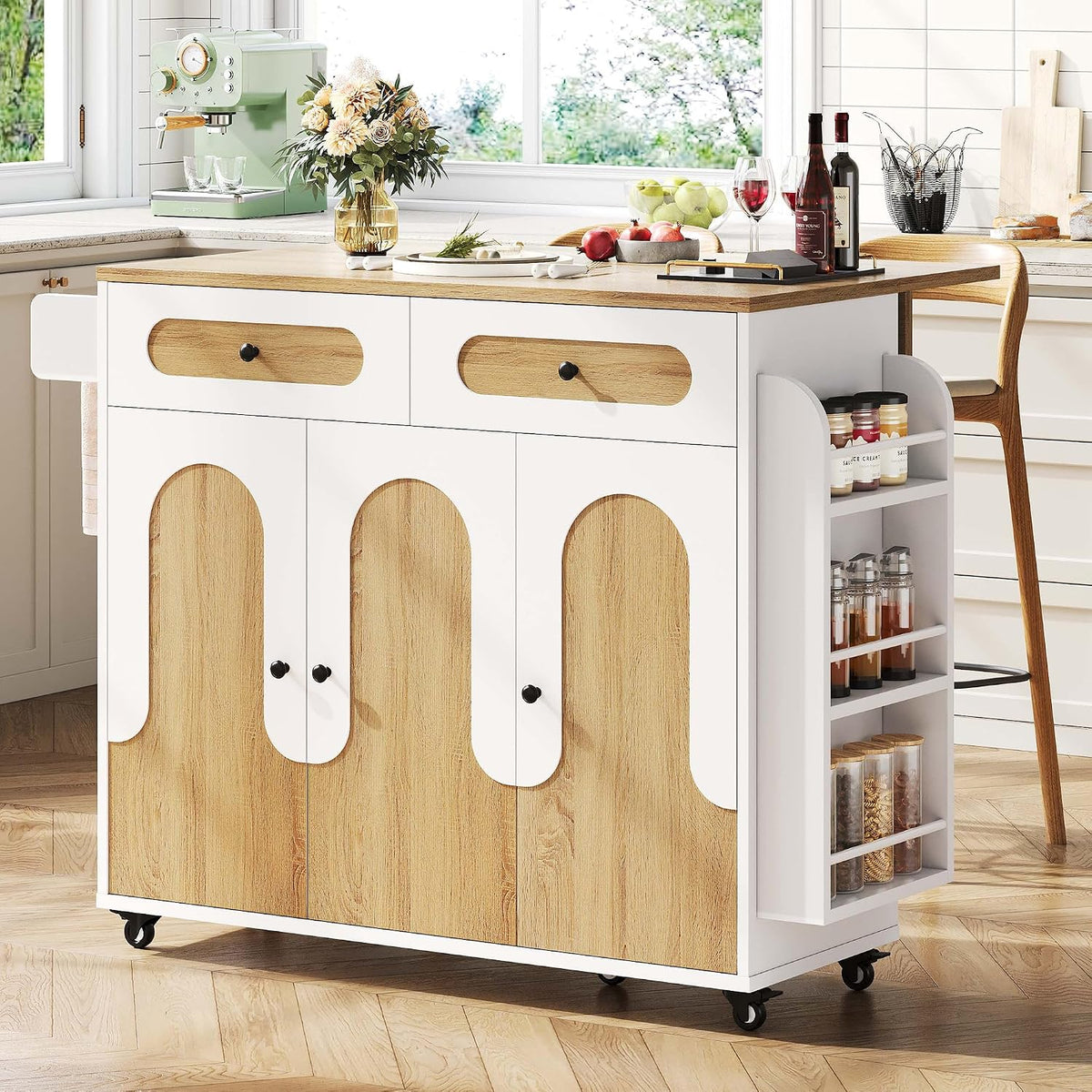 White Drop‑Leaf Rolling Kitchen Island Cart