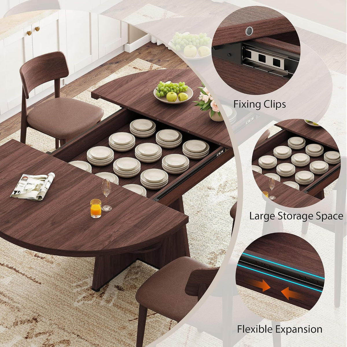 Brown Expandable Round‑Oval Dining Table
